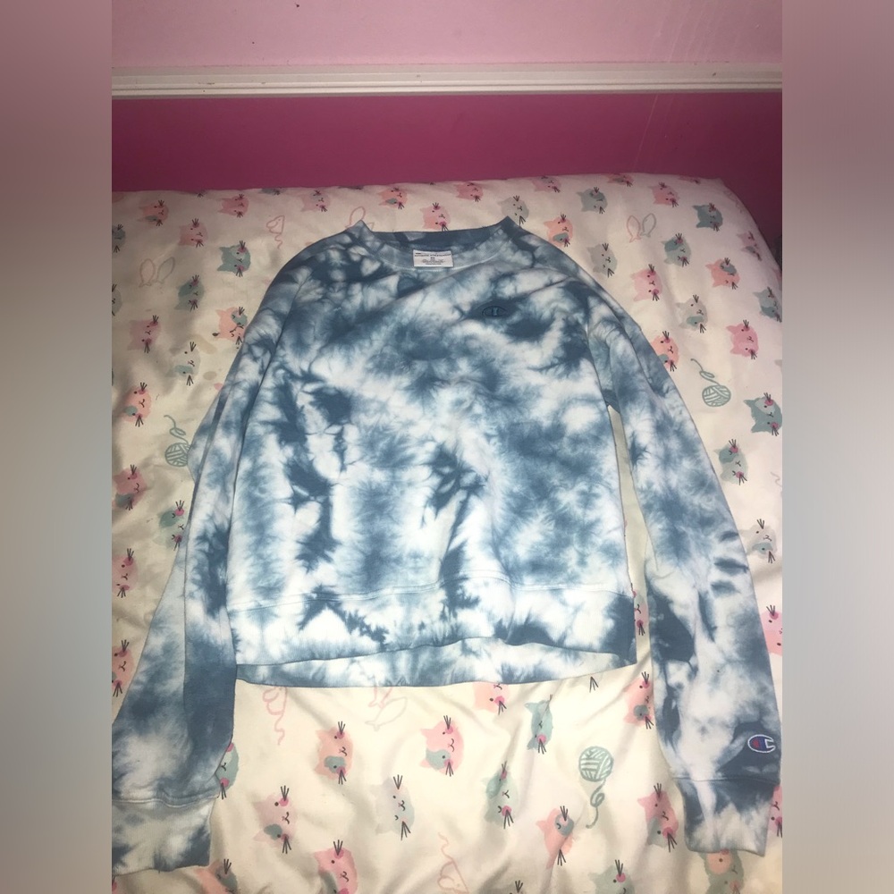 A champion sweatshirt that is blue and tie dye super comfy!